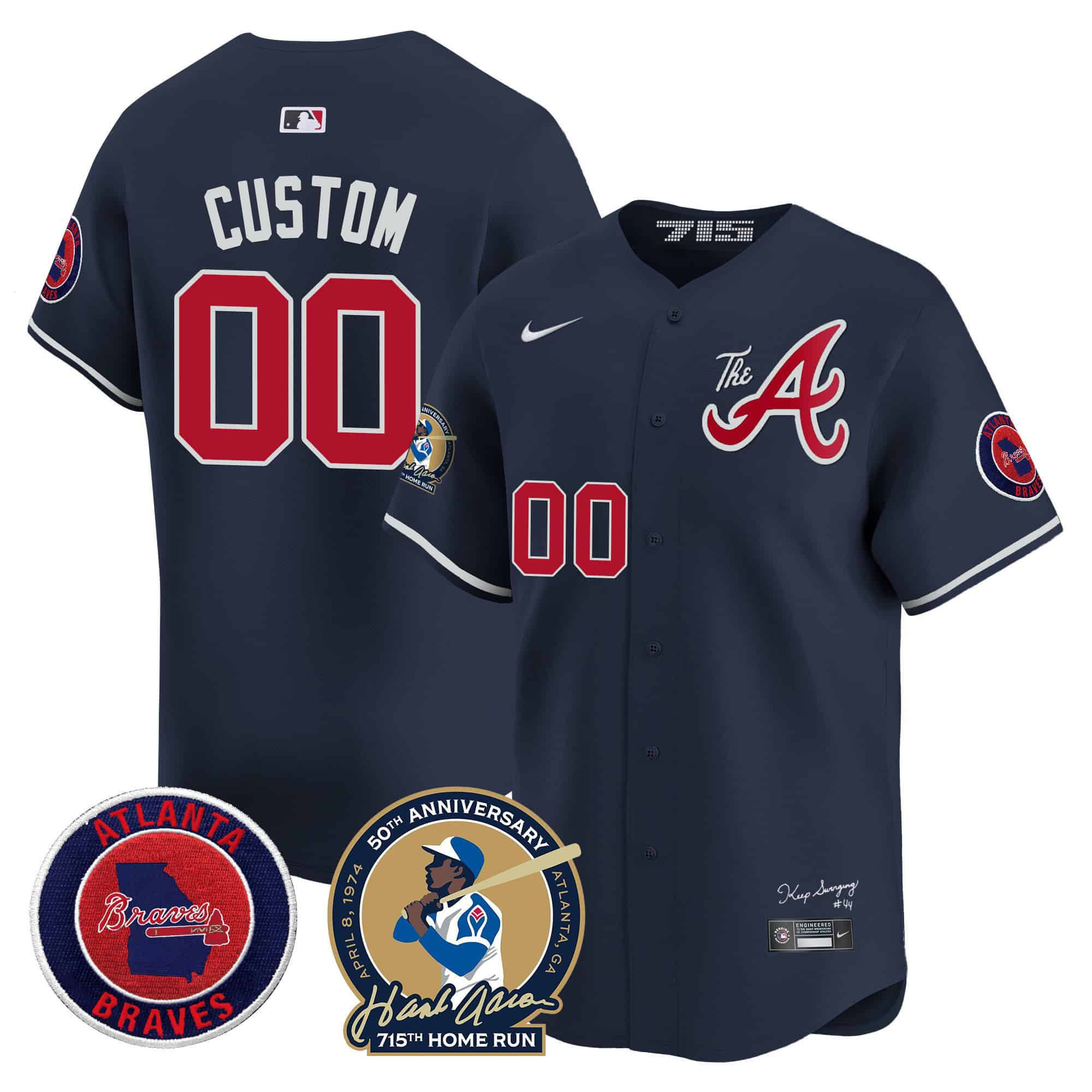 Men Atlanta Braves Blue 2024 Nike Hank Aaron 715th Home Run Patch Vapor Premier Limited Custom MLB Jersey